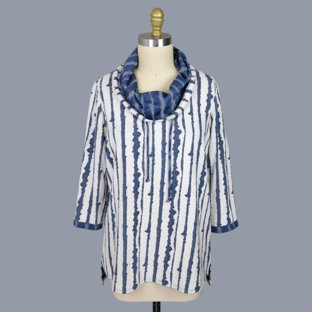 ALI MILES ABSTRACT VERTICAL STRIPE CREAM BLUE COWL NECK SWEATER
